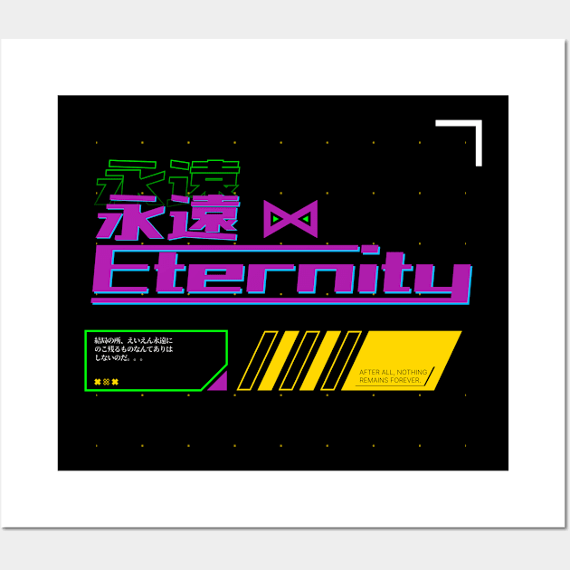 永遠 Eternity (DARK BG) | Graphic Japanese Kanji English Text Aesthetic Techwear Unisex Design | Shirt, Hoodie, Coffee Mug, Mug, Apparel, Sticker, Gift, Pins, Totes, Magnets, Pillows Wall Art by design by rj.